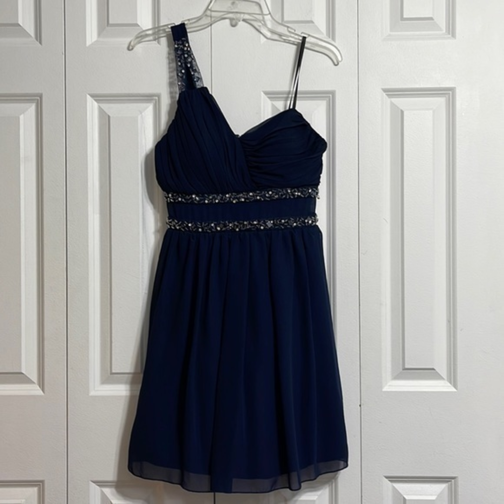 City Studio Navy Blue One Shoulder Beaded Waist Formal Dress Size 7